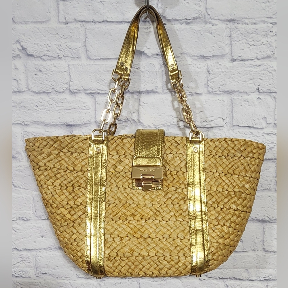 Michael Kors Woven Straw & Gold Leather/ Gold Chains Shoulder Lined Tote Bag
